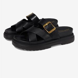 Cole Haan Freya Black Platform Sandals with Gold Buckle